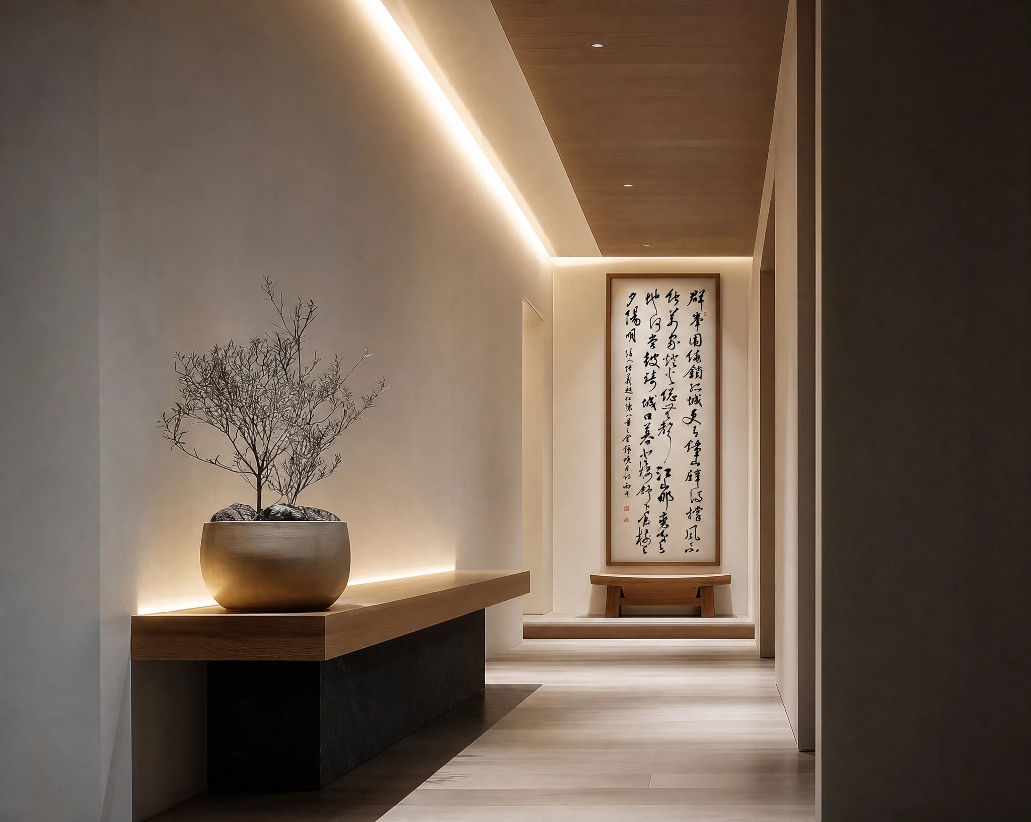 Chinese calligraphy presented within a refined architectural interior