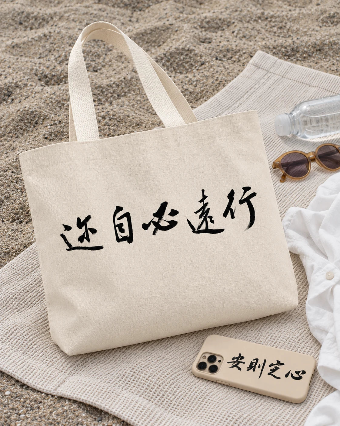 Application inspiration: two related originals on a tote bag and phone case