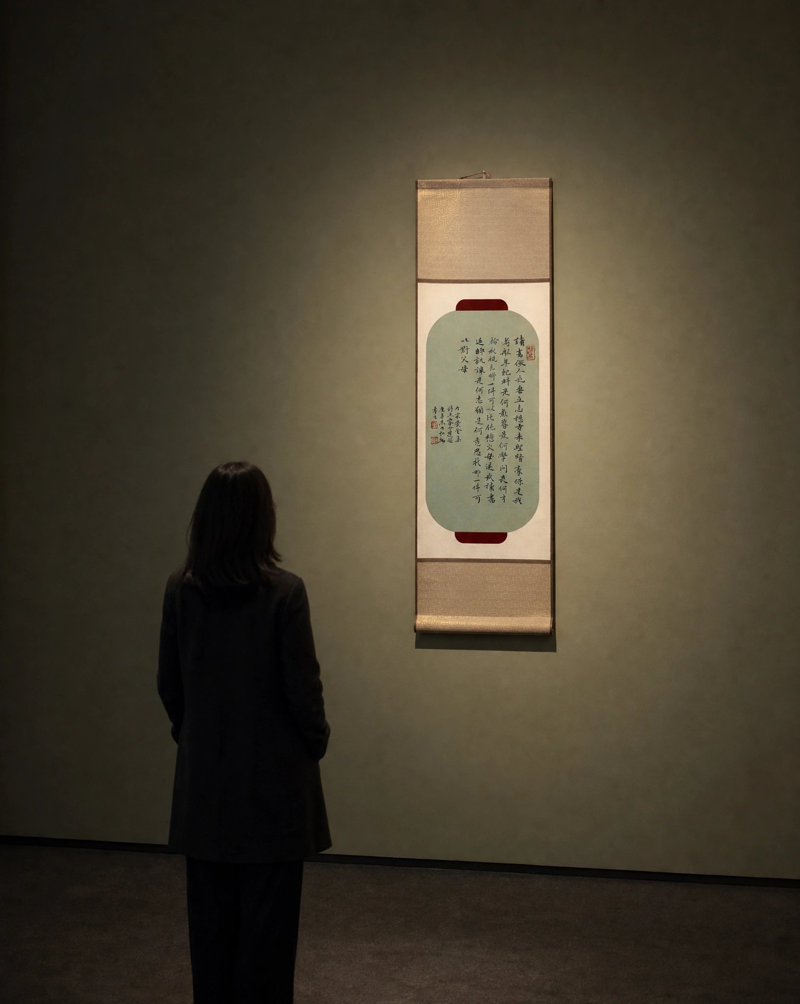 A visitor viewing an original Chinese calligraphy hanging scroll in a quiet gallery