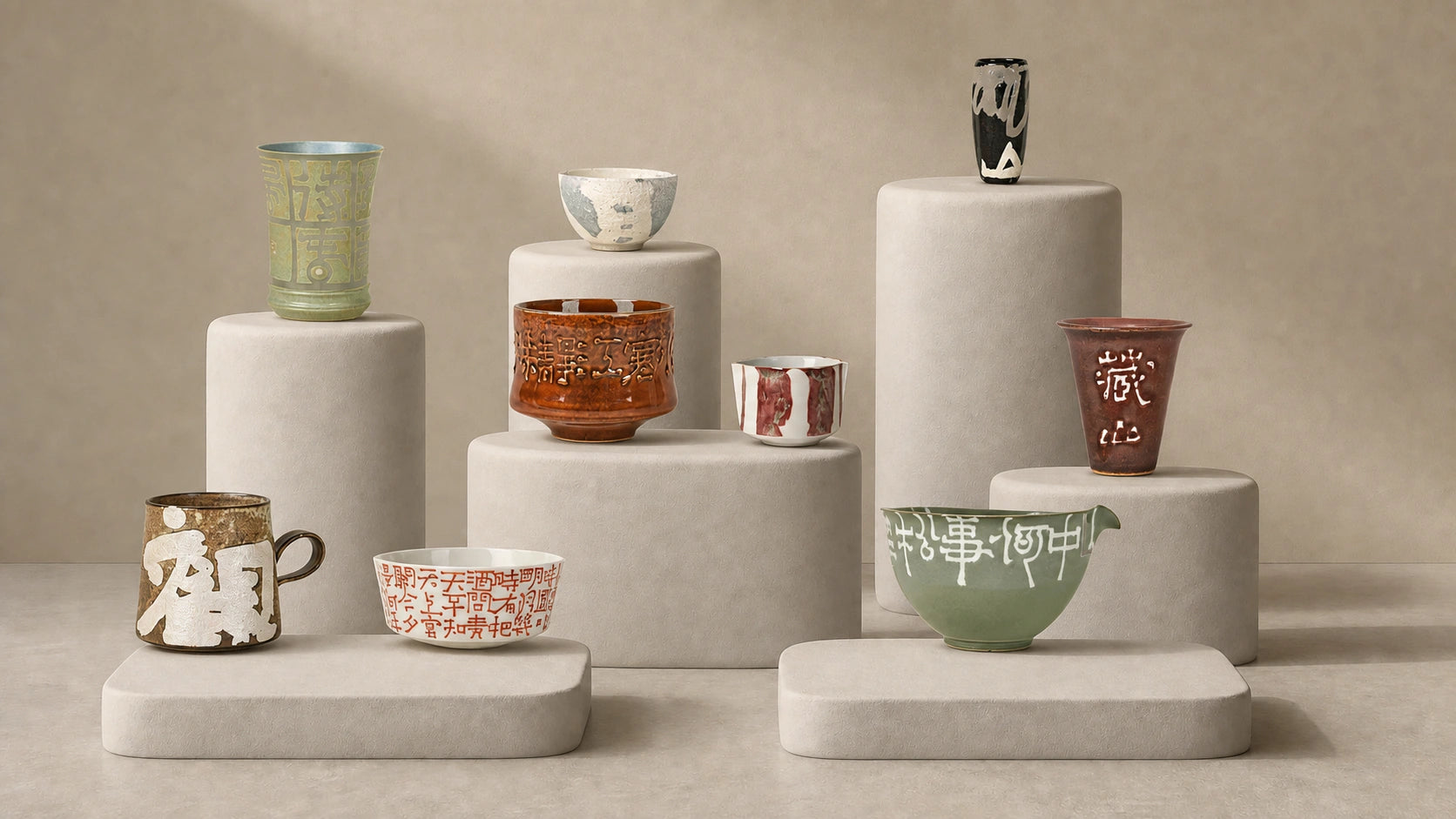 A curated display of calligraphy-inspired ceramic vessels