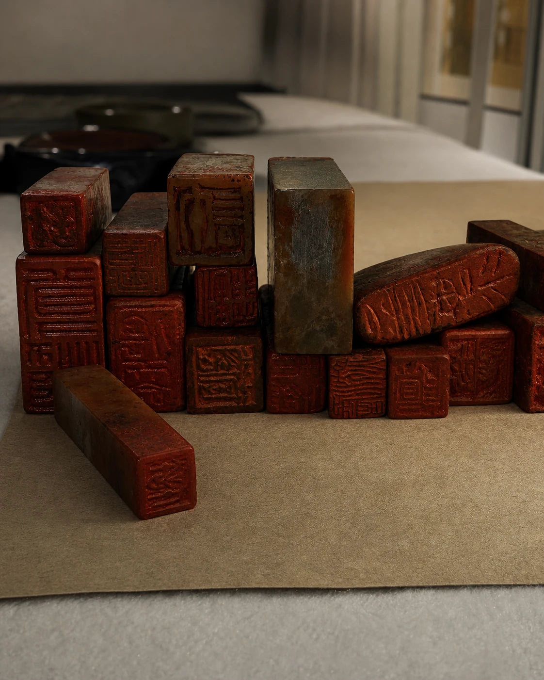 Brush, ink, paper, and seal prepared for original calligraphy