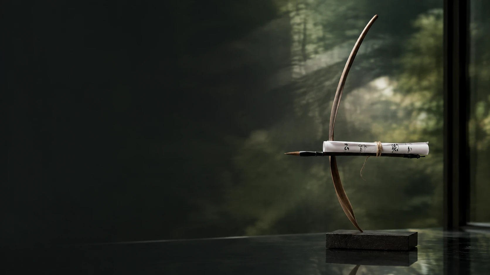 A calligraphy brush and handwritten scroll balanced on a sculptural wooden bow before a forest view